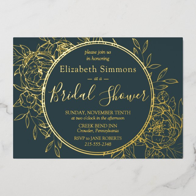 Dark Teal & Gold Modern Line Toile Bridal Shower (Front)