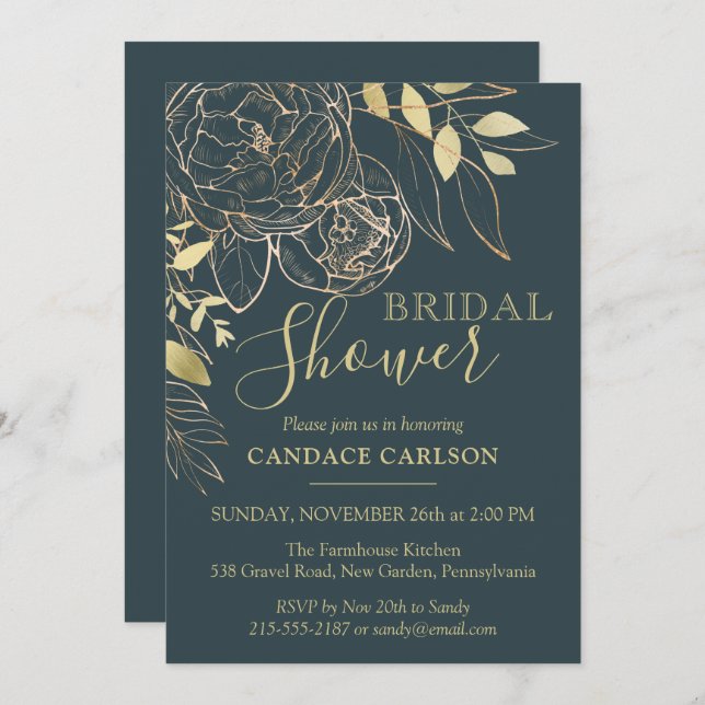 Dark Teal & Gold Peony Modern Floral Bridal Shower Invitation (Front/Back)
