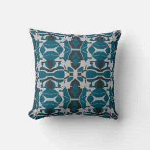 Dark Teal Grey Black Mediterranean Ornate Mosaics Cushion