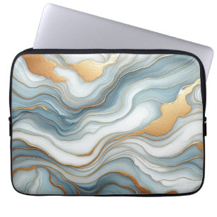 Dark Teal Grey Light Blue Gold Marble Art Pattern Laptop Sleeve