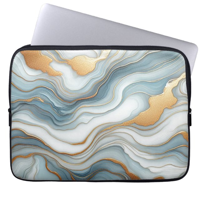 Dark Teal Grey Light Blue Gold Marble Art Pattern Laptop Sleeve (Front)