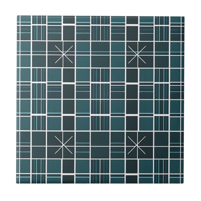 Dark Teal Grid Pattern Starburst Accent Modern  Ceramic Tile (Front)