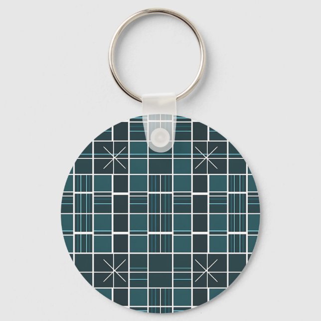 Dark Teal Grid Pattern Starburst Accent Modern  Key Ring (Front)
