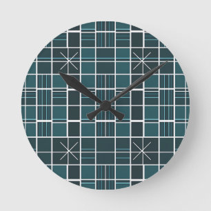Dark Teal Grid Pattern Starburst Accent Modern Round Clock