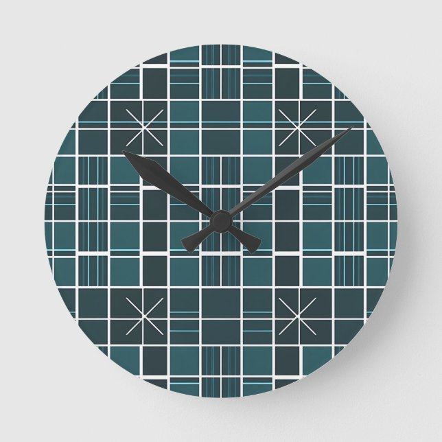 Dark Teal Grid Pattern Starburst Accent Modern  Round Clock (Front)
