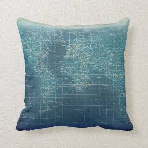 Dark Teal Grunge World Map Cushion