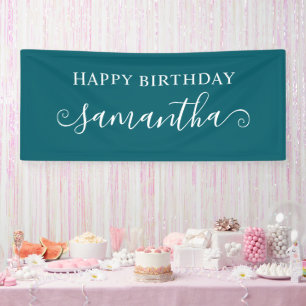 Dark Teal Happy Birthday Short Curly Swash Name Banner