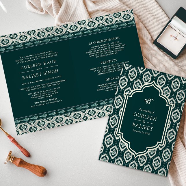 Dark Teal Ikat All in One Anand Karaj Sikh Wedding Invitation (Creator Uploaded)
