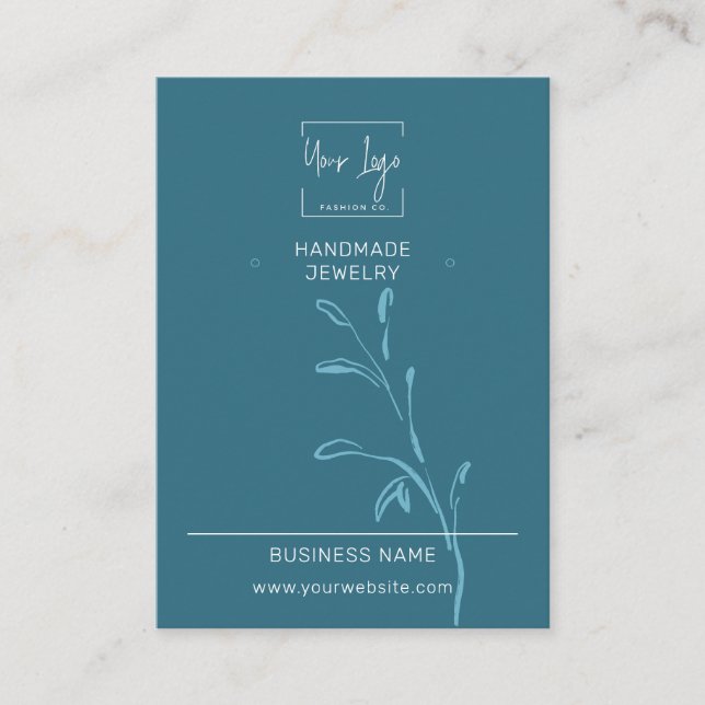 Dark Teal Leaf Social QR Jewellery Display Card (Front)