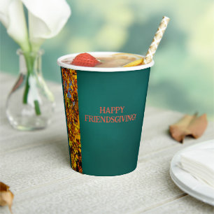 Dark Teal Leaves Thanksgiving Friendsgiving Paper Cups