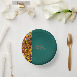 Dark Teal Leaves Thanksgiving Friendsgiving Paper Plate