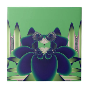 Dark Teal Lotus Fractal Botanical Art Ceramic Tile