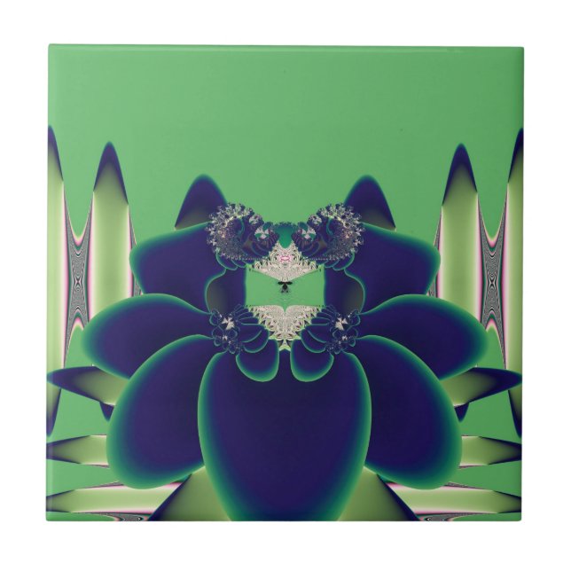 Dark Teal Lotus Fractal Botanical Art Ceramic Tile (Front)