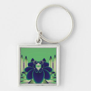 Dark Teal Lotus Fractal Botanical Art Key Ring