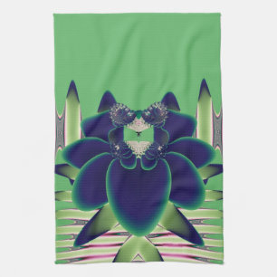 Dark Teal Lotus Fractal Botanical Art Tea Towel