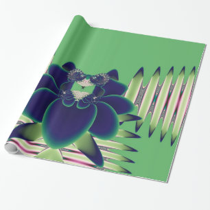 Dark Teal Lotus Fractal Botanical Art Wrapping Paper