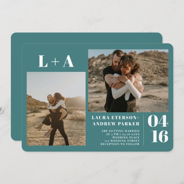 Dark teal minimalist initials 2 photos wedding invitation (Front/Back)