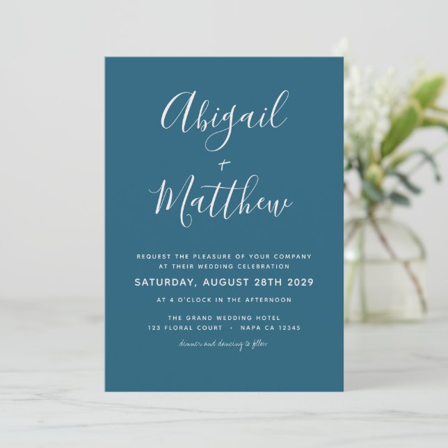 Dark Teal Modern Minimalist Simple Wedding  Invitation (Standing Front)