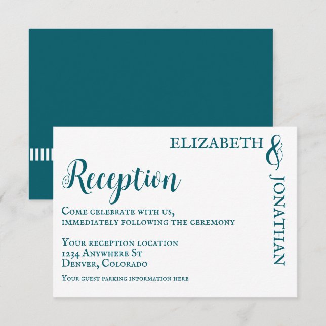 Dark Teal Modern Typography Wedding Reception Enclosure Card (Front/Back)