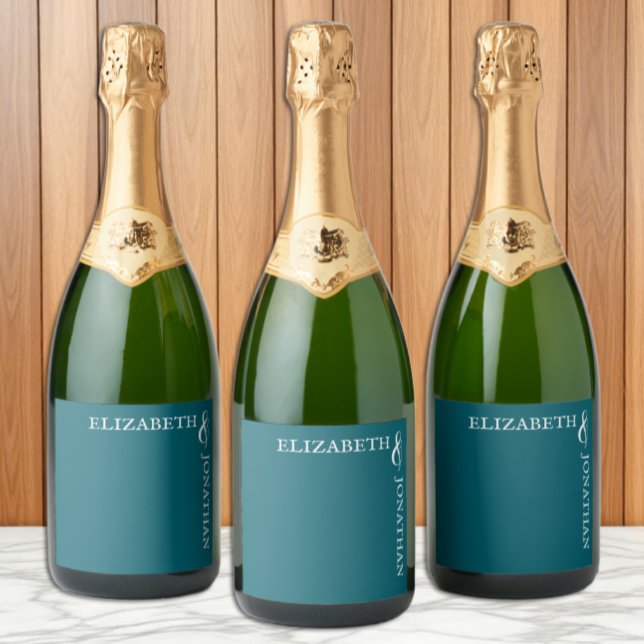 Dark Teal Modern Typography Wedding Sparkling Wine Label (Creator Uploaded)