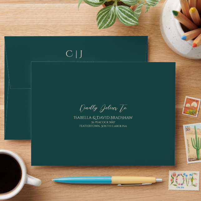 Dark Teal Monochromatic Wedding Envelope (Desk)