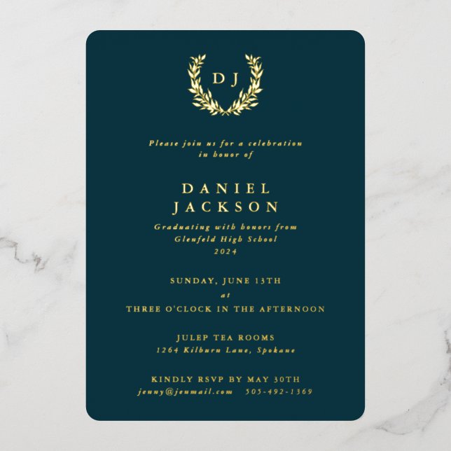 Dark Teal Monogram + Laurel Wreath Graduation (Front)