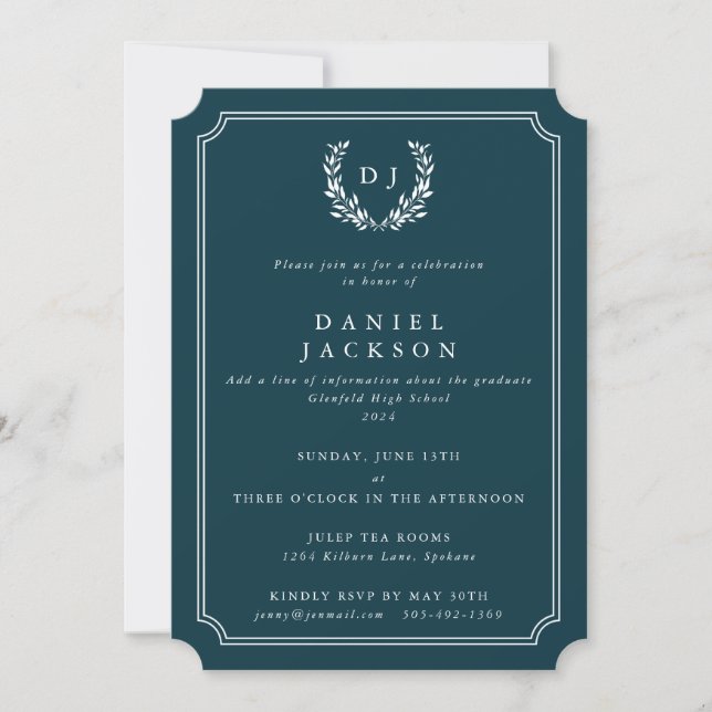 Dark Teal Monogram Laurel Wreath Graduation Invitation (Front)