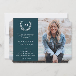 Dark Teal Monogram Laurel Wreath Graduation Photo Announcement