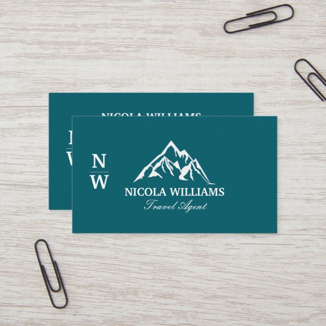 Dark Teal Mountain Logo Travel Agent Business Card (Front/Back In Situ)