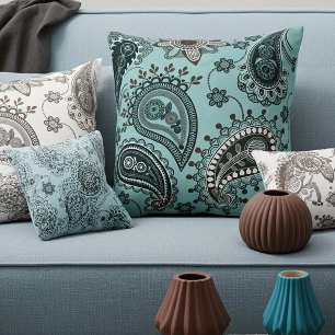 Dark teal paisley cushion