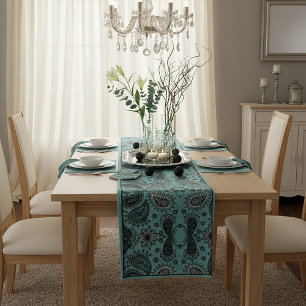 Dark teal paisley short table runner