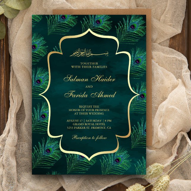 Dark Teal Peacock Feathers Muslim Wedding Invitation (Creator Uploaded)