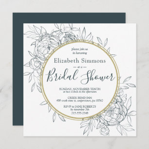 Dark Teal Peony Floral Modern Toile Bridal Shower Invitation