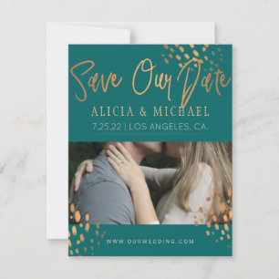 Dark Teal PHOTO Faux Rose Gold Foil Typography Save The Date