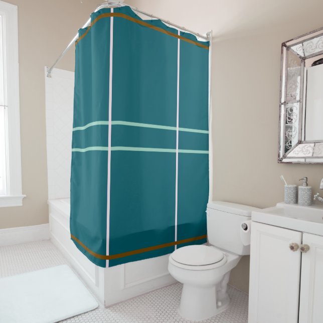 Dark Teal Pink Brown Geometric Lines Shower Curtain (In Situ)