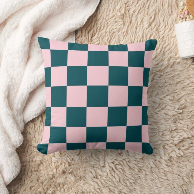 Dark Teal Pink Chequerboard Pillow (Blanket)