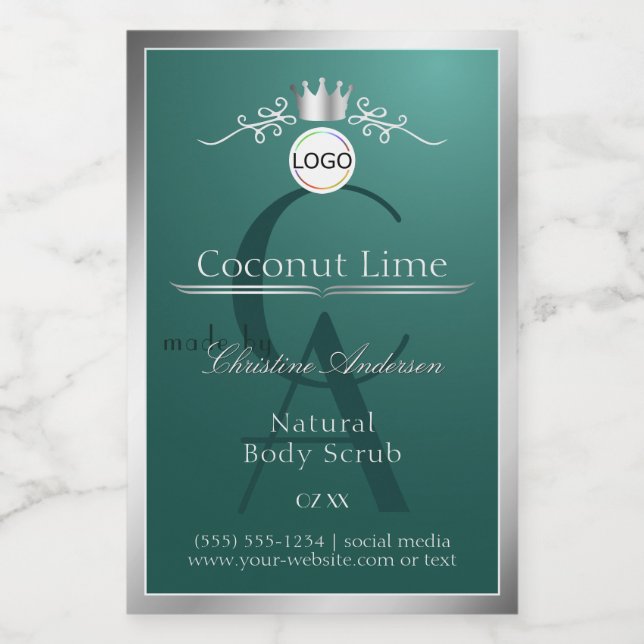 Dark Teal Product Label Silver Frame Logo Monogram (Single Label)