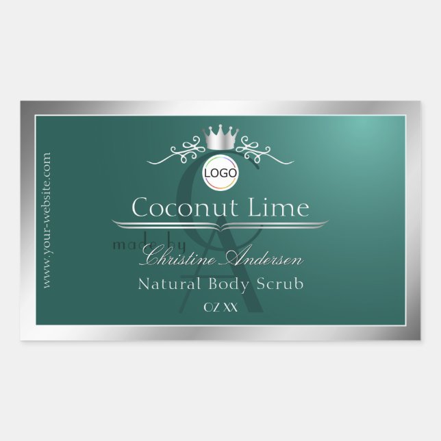 Dark Teal Product Label Silver Frame Logo Monogram (Front)