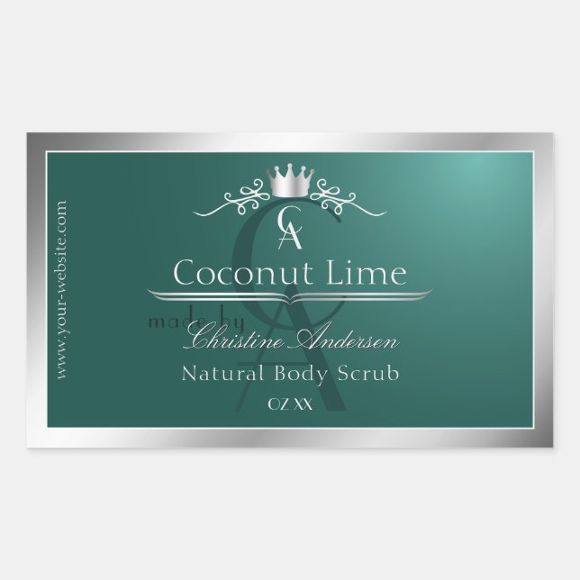 Dark Teal Product Label with Silver Frame Monogram (Front)
