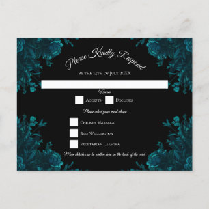 Dark Teal Roses Wedding RSVP Reply Holiday Postcard