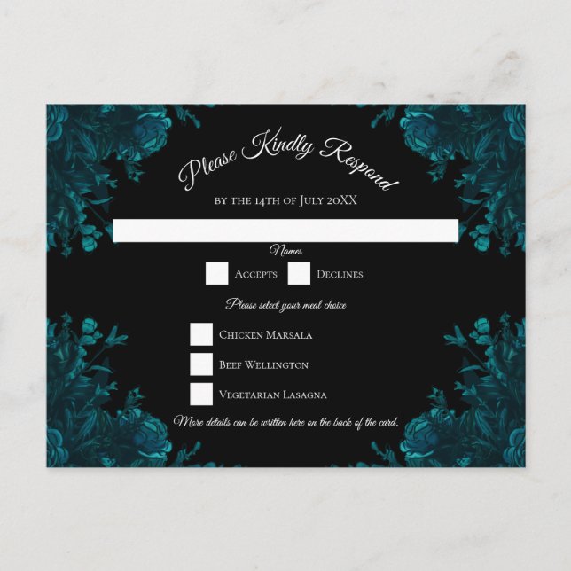 Dark Teal Roses Wedding RSVP Reply Holiday Postcard (Front)