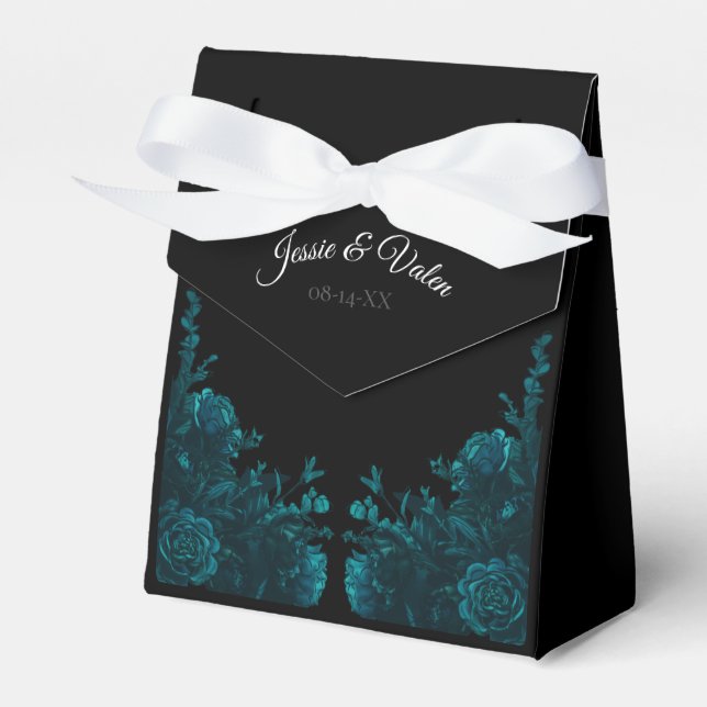 Dark Teal Roses Wedding Tent Favour Box (Front Side)