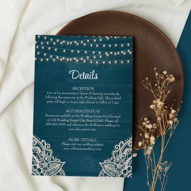 Dark Teal Rustic Elegance Wedding Details Card (Dark Teal Wedding Details on brown and white background with dry wildflower)