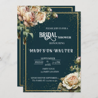 Dark Teal Rustic Rose Bridal Shower Invitation