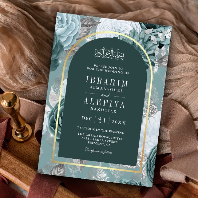 Dark Teal Seafoam Floral Arch Muslim Wedding Invitation (Creator Uploaded)