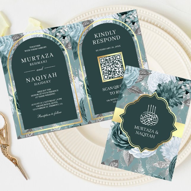 Dark Teal Seafoam Floral QR Code Muslim Wedding Invitation (Creator Uploaded)