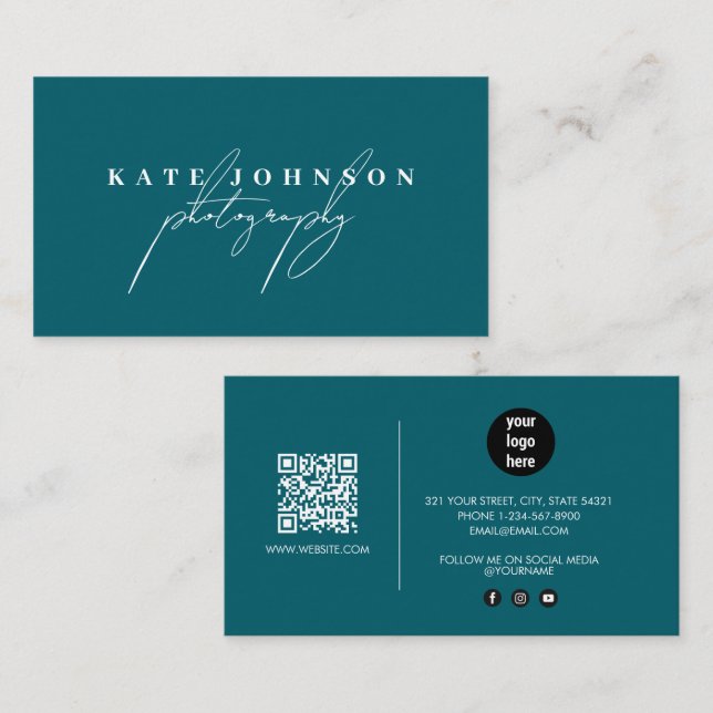 Dark Teal Signature Script QR Code Social Media Business Card (Front/Back)