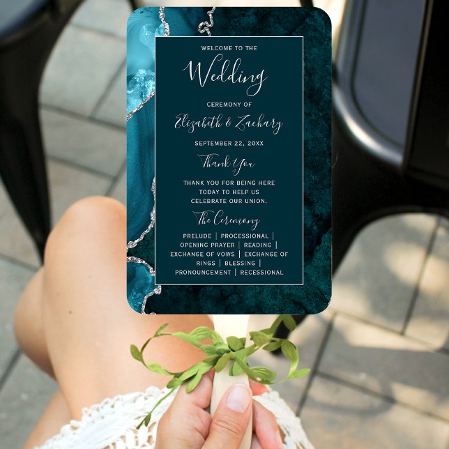 Dark Teal Silver Agate Wedding Program Hand Fan (Creator Uploaded)