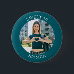 Dark Teal Sweet 16 Birthday Circle Photo 6 Cm Round Badge<br><div class="desc">Create your own personalised white border photo round button for your her 16th birthday. Customise the solid teal background colour or the black text colour to match your photo. If you change the font type or size, you can fine tune the curvature of the text in small increments. Have fun...</div>