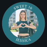 Dark Teal Sweet 16 Birthday Photo Classic Round Sticker<br><div class="desc">Create your own personalised dark teal border photo round envelope seals for your her 16th birthday. Customise the solid white background colour or the text colour to match your photo. If you change the font type or size, you can fine tune the curvature of the text in small increments. Have...</div>